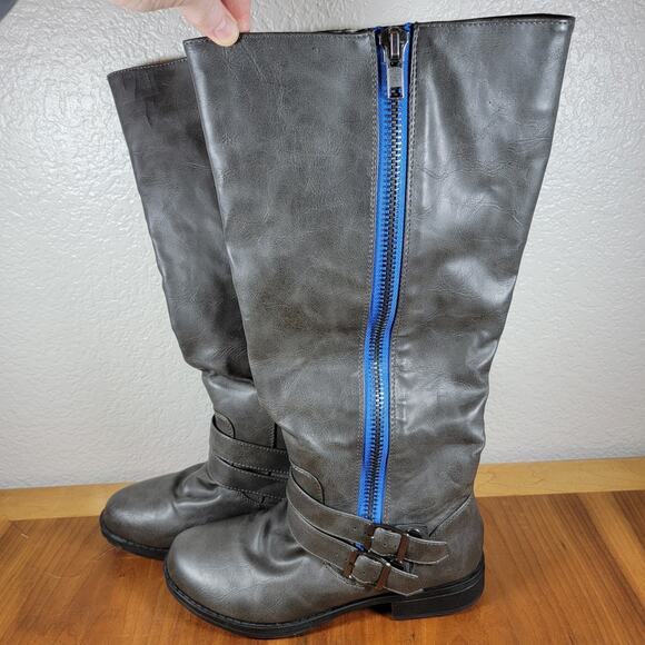 Journee Collection Womens Gray Knee Hi Sz 8 Blue Zip & Buckle Strap Riding Boots - Picture 1 of 11